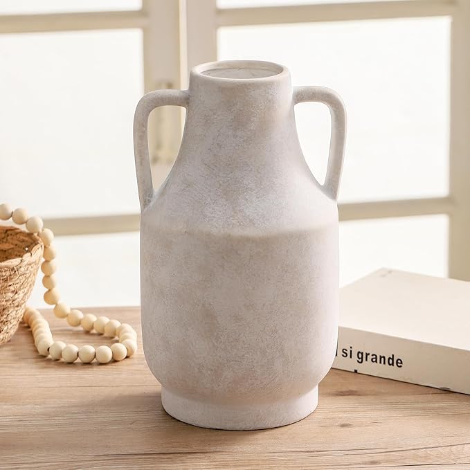 Mitt&Ditt Ceramic Flower Vase with Handles, 11 inch Tall Off-White Vase, Large Decorative Terracotta Vases, Farmhouse Rustic Pottery Vases for Home Decor, Living Room, Table