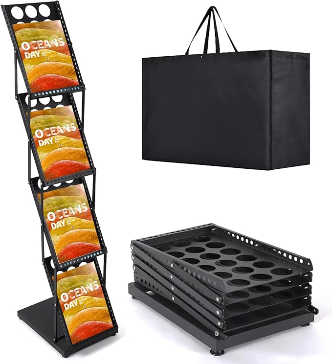 Literature Catalog Rack, Foldable Magazine Brochure Display Stand, Magazine Floor-Standing with Portable Oxford Bag, for Office Store and Exhibition Trade Show (4 Pockets, Black)