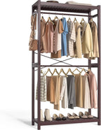 Homykic Bamboo Clothes Rack with Shelves and Double Hang Rods, Portable Closet System Garment Rack for Hanging Clothes, Tall Clothing Rack Corner Closet Organizer, Easy to Built, Espresso