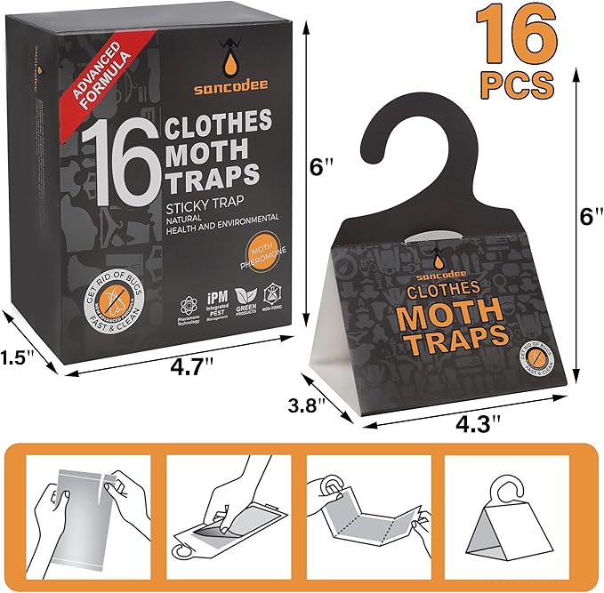 16 Pack Clothes Moth Traps with Natural Pheromones, Clothing Moth Hanging Glue Trap, Sticky Boards for Closets Moths