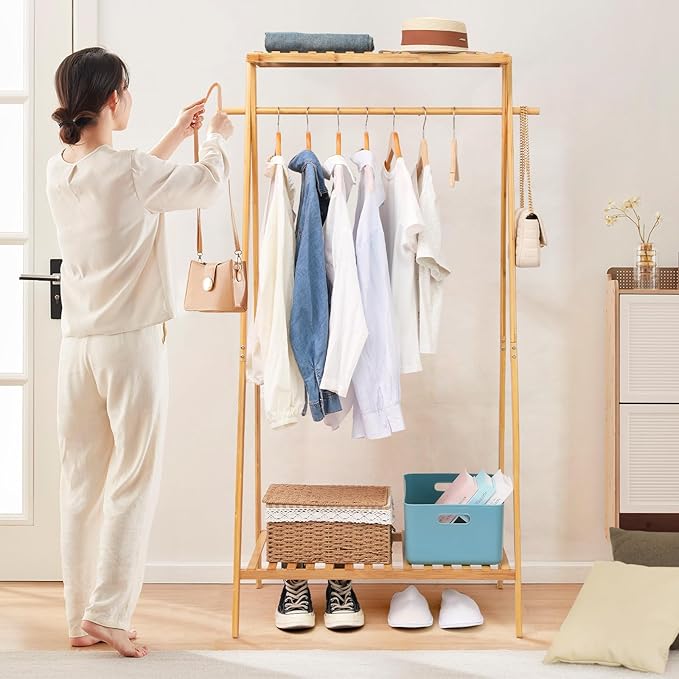 Bamboo Clothing Garment Rack with 2 Tier Storage Shelf Clohes Hanging Stand Portable Closet Organizer for Bedroom Small Apartment Guest Room Laundry Room