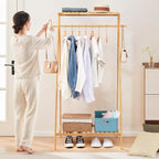Bamboo Clothing Garment Rack with 2 Tier Storage Shelf Clohes Hanging Stand Portable Closet Organizer for Bedroom Small Apartment Guest Room Laundry Room