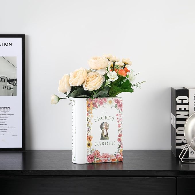 Ceramic Book Vase, Book Vase for Flowers, Ceramic Book Shaped Vase, Book Flower Vases White, Large Ceramic Vases for Home, Office, Bedroom, Living Room, Dining Table(Garden)