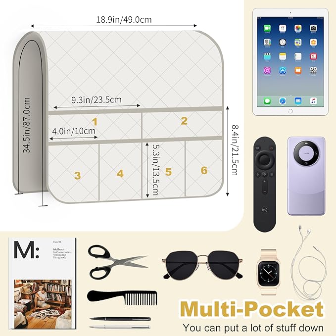 Remote Control Holder for Recliner, Armchair Caddy, Non Slip Sofa Armrest Organizer for Recliner Couch With 6 Pockets for TV Remote,Cell Phone,Magazine (Grey)