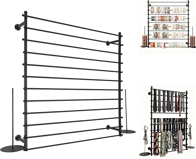 12 Layers Black Wall Display Stand Wrapping Paper Ribbon Organizer Holder Storage Scarf Tie Belt Towel Spool Sewing Tool Hijab Metal Shelving for Home, Retail Stores, Flower Shop,Studio-120cm