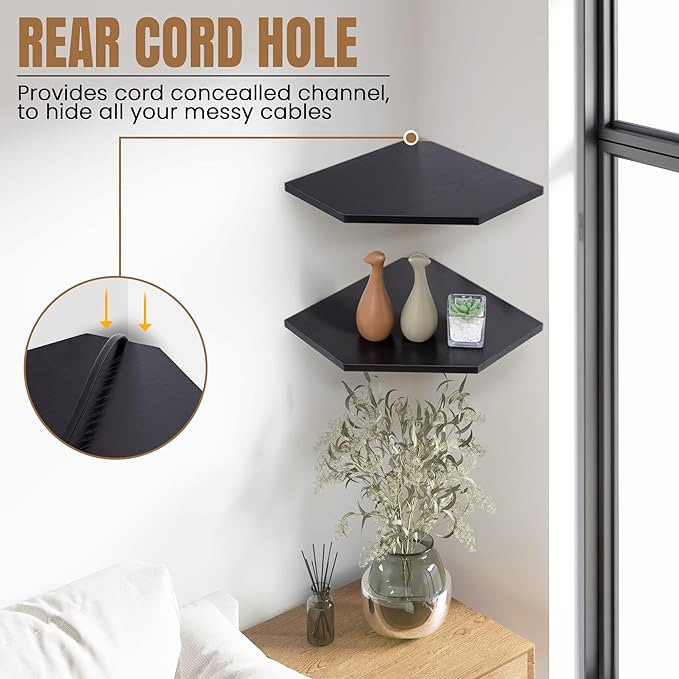 Fun Memories Corner Shelf Wall Mount, Floating Corner Shelves, Set of 2 Corner Wall Shelf Organizer, Rustic Wood Wall Storage Display Shelves for Living Room Bedroom Bathroom Kitchen, Classic Black