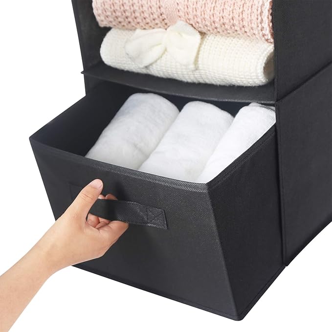 MAX Houser 4-Shelf Hanging Closet Organizer, Space Saver, Cloth Hanging Shelves with 2 Side Pockets, Foldable (Black)