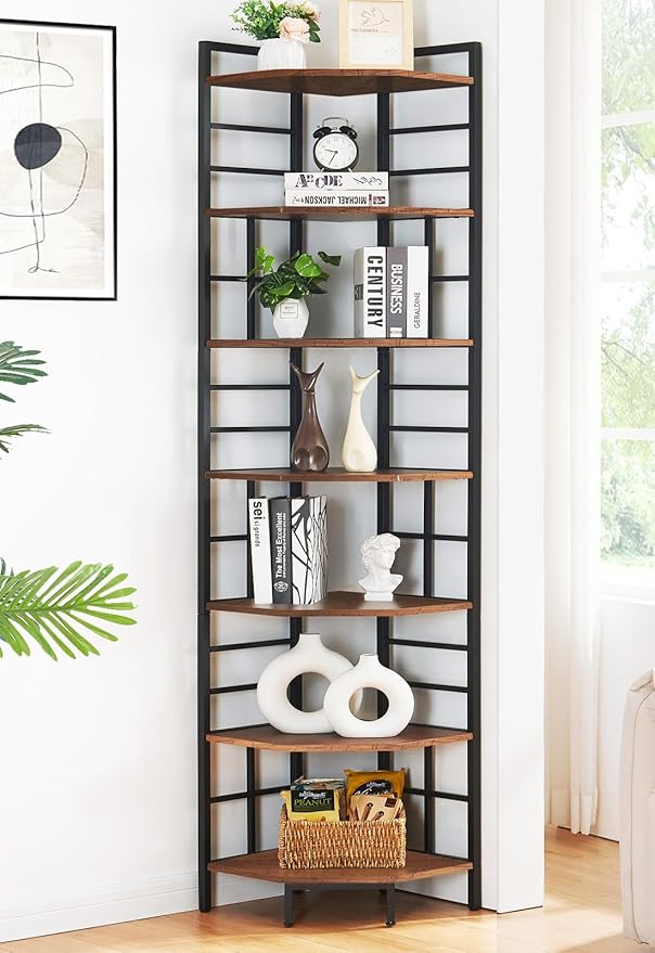 HOMISSUE Corner Shelf, 7 Tier Tall Narrow Bookshelf 82.6", Industrial Corner Bookcase with Storage for Home Office Living Room and Bedroom, Brown