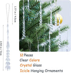 12pcs Crystal Icicle Christmas Tree Ornaments, Glass Beads Hanging Chandelier Pendants for Christmas Party Wedding Winter Decorations (White Clear)