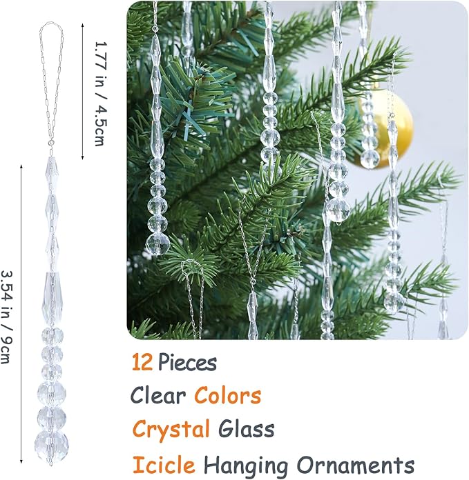 12pcs Crystal Icicle Christmas Tree Ornaments, Glass Beads Hanging Chandelier Pendants for Christmas Party Wedding Winter Decorations (White Clear)