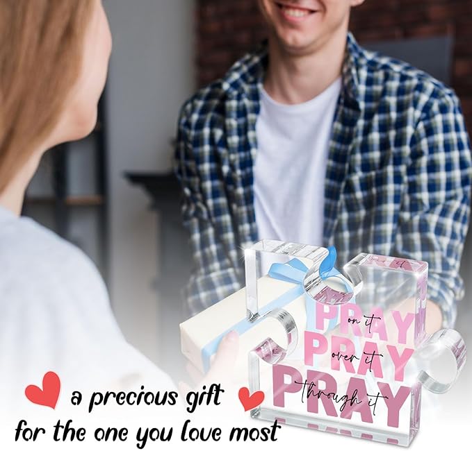 Religious Plaques Christian Woman Decor Gifts - Pray on it Pray over it -Puzzle Acrylic Sign - Pink Office Desk Accessories Decor Sign, Pink Dorm Room for Women - Long Distance Gifts (puzzle)