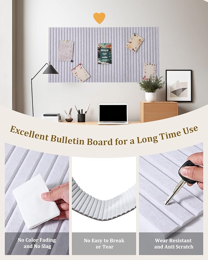 24 x 16 inches Large Bulletin Board, Decorative Felt Pin Board, 0.35“ Thick Foldable Photo Display Board with Self-Adhesive Tape, Vision Board for School Home Kitchen Office Walls - Beige