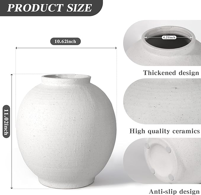 White Ceramic Large Vase - 11 Inch Round Modern Ceramic Vases,Tall Vase for Decor Living Room Table Decor and Festive Home Interiors