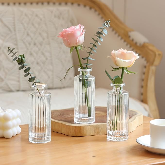ComSaf Glass Bud Vases Set of 3, Small Flower Vases in Bulk, Mini Ribbed Vases for Centerpieces, Clear Vintage Vase for Table Decorations, Wedding, Party, Receptions, Home Decor (Different Sizes)