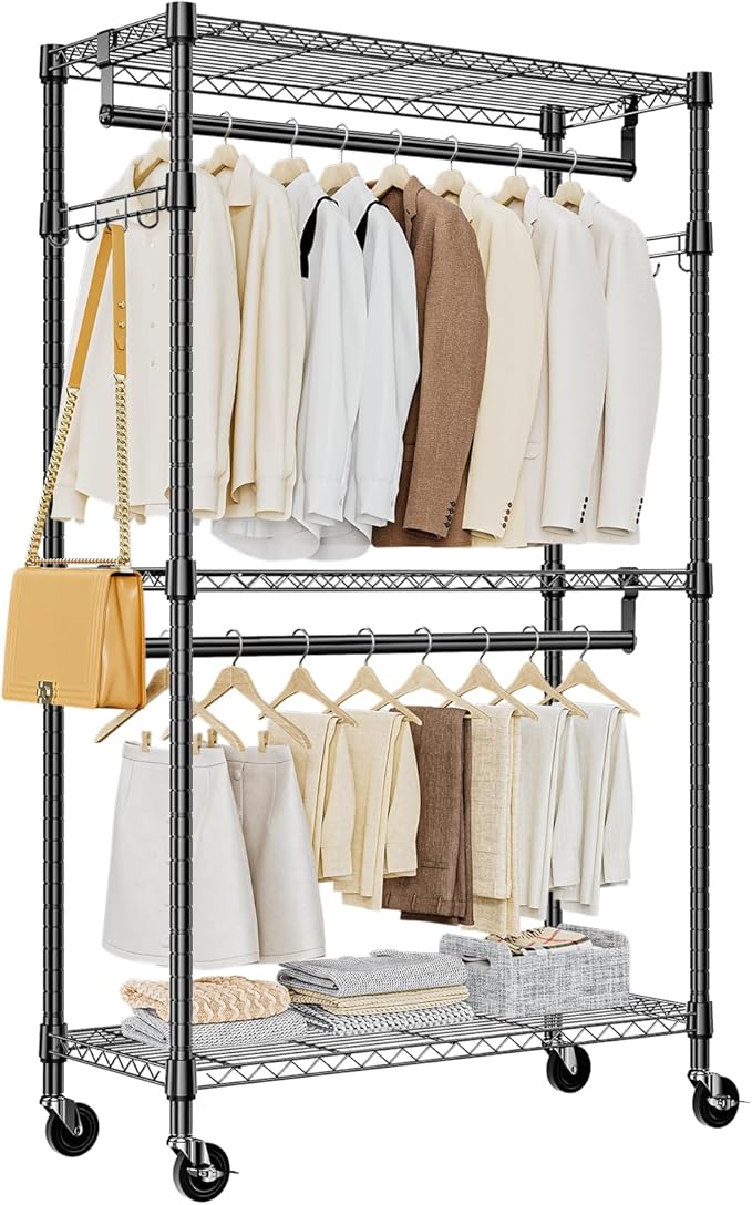 Heavy Duty Rolling Garment Rack 3 Tiers Adjustable Wire Shelving Clothes Rack with 2 Rods and Side Hooks,Storage Closet Clothing Rack with Wheels Black 15.7" D x 29.5" W x 74.5" H