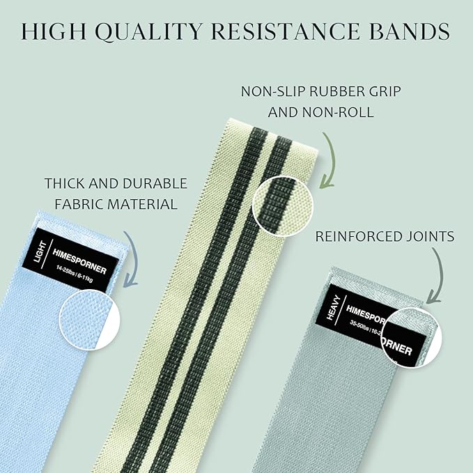 Wide Fabric Resistance Bands for Working Out, 3 Level Non-Slip Exercise Booty Bands for Women & Men Leg and Glutes with Hair Ties and Tape Measure - for Home Gym Workout, Yoga, Pilates