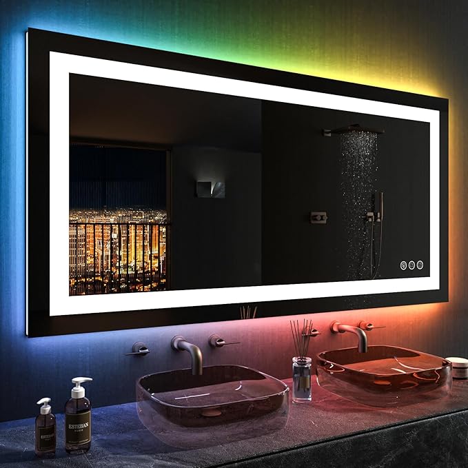 LOAAO 50"X30" LED Bathroom Mirror with Lights, Anti-Fog, Dimmable, RGB Backlit + Front Lighted, Bathroom Vanity Mirror for Wall, Memory Function