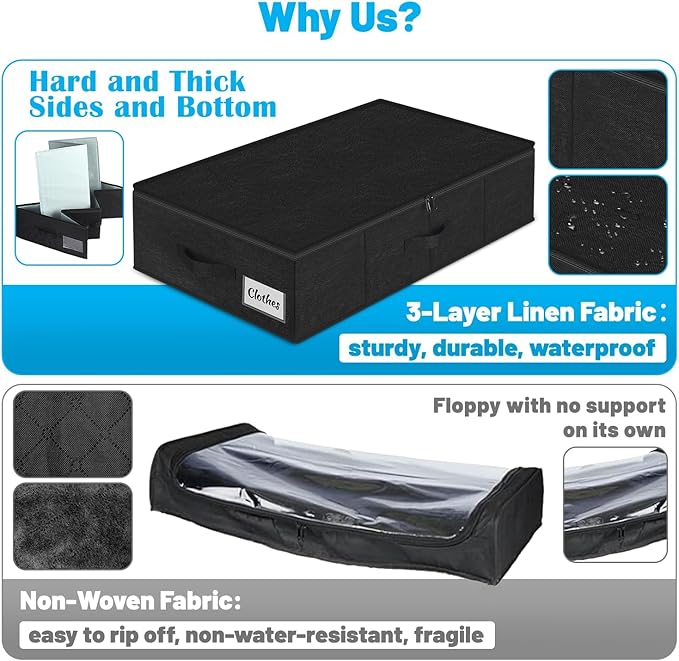 Under Bed Storage Container Bin 3 Pack, Low Profile Foldable Underbed Clothes Storage Organizer W/ Ultra Thick Fabric and Sturdy Bottom/Sides, Dual Zipper Storage Box for Dorm and Home 30x16x6.7"