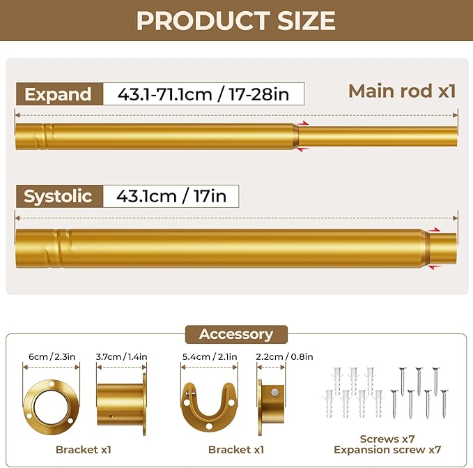 Mavivegue Closet Rod, 17 to 28 Inch Gold Adjustable Closet Rods for Hanging Clothes, Hanging Rod for Closet Wardrobes Laundry RV, Bathroom