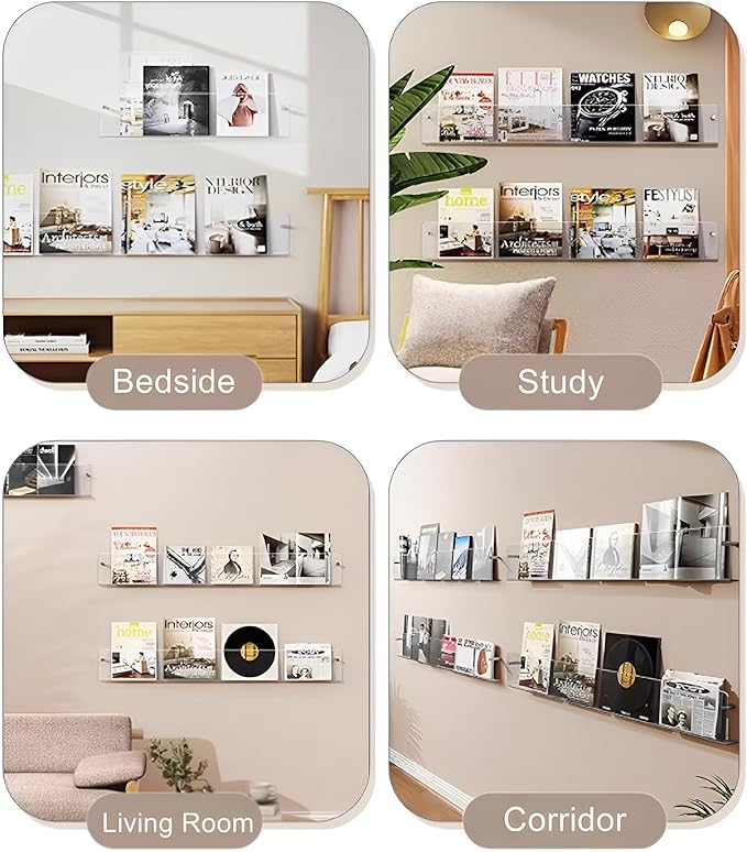 2-Pack Acrylic Magazine Holder Vinyl Records Holder, Display Floating Bookshelves Wall Mounted, Nursery Book Shelves Wall Decor Hanging Magazine Holder for Waiting Room, Living Room, Office