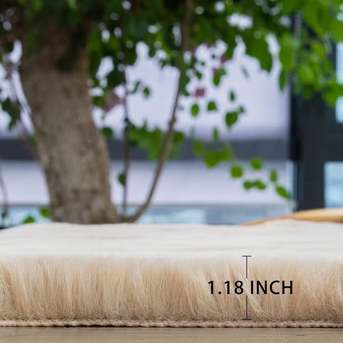 Light Brown Beige Plush Faux Rabbit Shaggy Fur Area Rugs for Living Room Washable Fuzzy Rug Runner Small 2x4 Nursery Rug