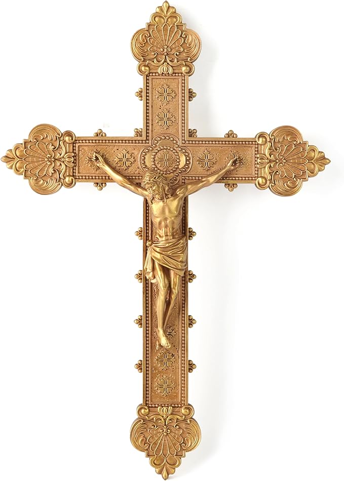 BC Catholic Crucifix Wall Cross, 12"H Jesus Christ Religious Home Decor, Catholic Wedding Gift, Gold Color Finish, Hand-painted by Buildclassic