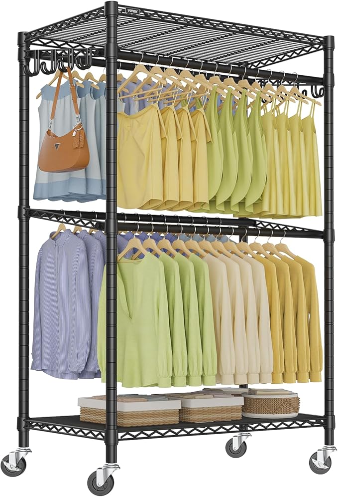 VIPEK R2 Pro Rolling Garment Rack 2-Sided Hanging Heavy Duty Clothes Racks with Wheels Adjustable Shelves Hanging Rods Metal Portable Closet Storage Freestanding Clothing Rack, Max load 600lbs, Black