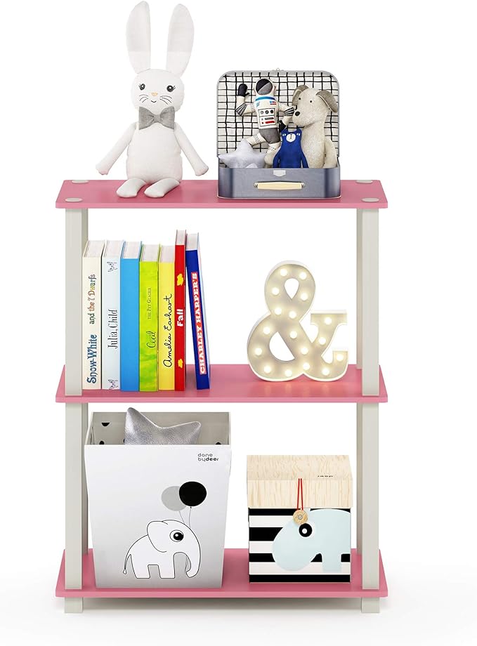 Furinno TURN-S-TUBE Storage Shelves, 3-Tier Book Shelf, Corner Shelf, Toolless Open Shelves, for Organization and Storage, Living Room, Garage, Home Office, Pink