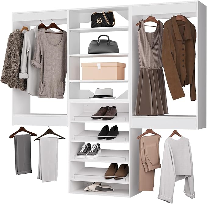 ROOMTEC Modular Closet System, 96" Wall Mounted Closet Organizer with Hanging Rods and Shoe Shelf, Wooden Tower for Walk-In Closets, Wardrobe Storage Kit, White