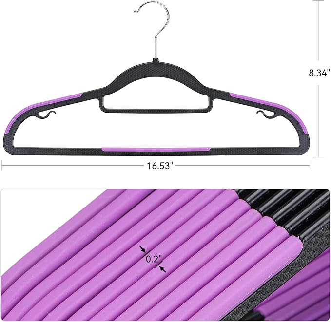 Pack of 30 Coat Hangers, Space-Saving Plastic Clothes Hangers, Non-Slip, 0.2 Inches Slim, 360° Swivel Silver Hook for Shirts, Pants, Suit & Wet/Dry Garments, Purple and Black
