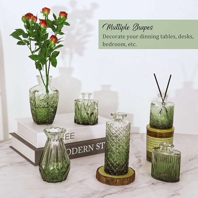 36Pcs Bud Vases Set Small Vintage Glass Bottles Bud Vases in Bulk Multiple Shape Cute Glass Vases for Rustic Wedding Centerpieces Table Decorations and Home Decor(Green)