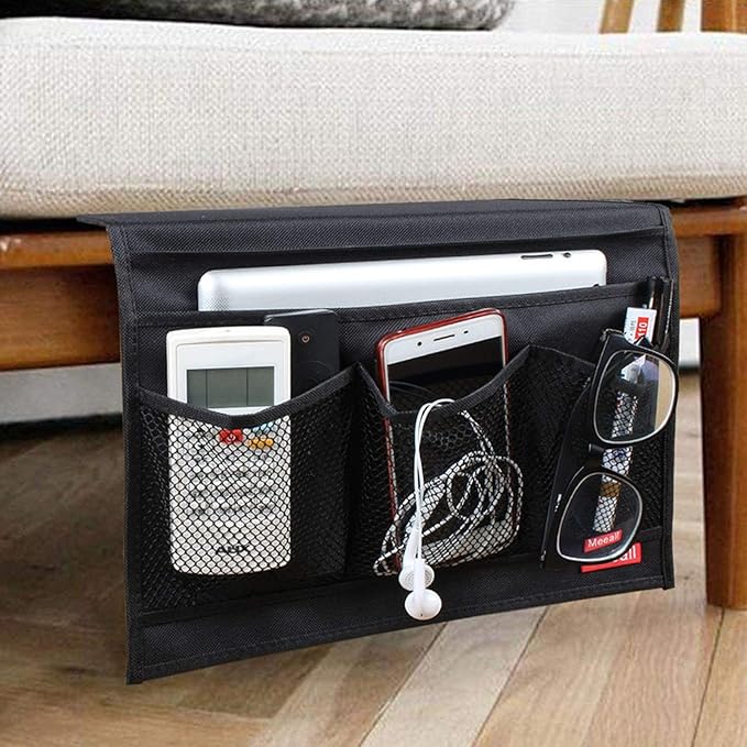Bedside Caddy 4 Pockets Bedside Organizer Caddy Fit Tablet Magazine Phone Glasses, Under Mattress Remote Control Holder Storage Organizer, Black