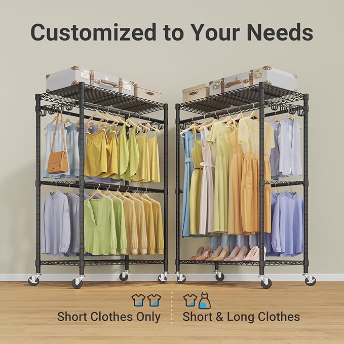 VIPEK R2 Pro Rolling Garment Rack 2-Sided Hanging Heavy Duty Clothes Racks with Wheels Adjustable Shelves Hanging Rods Metal Portable Closet Storage Freestanding Clothing Rack, Max load 600lbs, Black