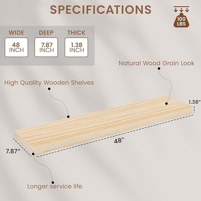 Vivelove Natural Wood Floating Shelves 48”，8 inch Deep Floating Shelf with Invisible Brackets, Unfinished Wall Shelves for Living Room, Bathroom, Kitchen, Bedroom, Home Decor, Set of 1 - Natural