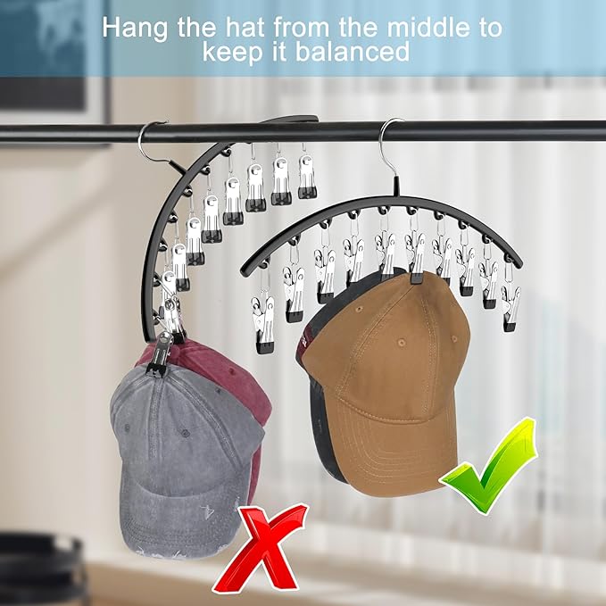 Hat Hangers for Closet, Metal 2 Pack Hat Organizer Holder for Hanger Closet Display, Hat Racks for Baseball Caps w/10 Clips, Hat Holder for Ball Caps & Accessories, for Men Women, Black