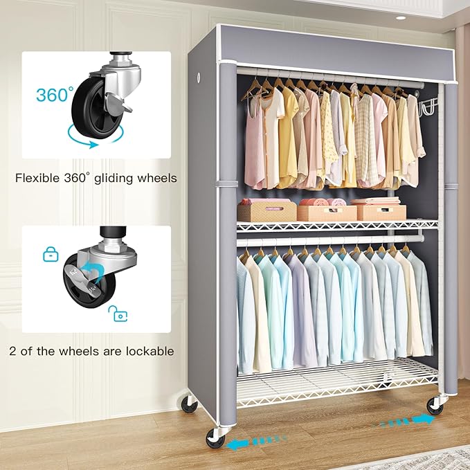FUTASSI White Clothing Rack with Grey Cover, P1C Plus Rolling Closets with Wheels, Metal Garment Rack for Hanging Clothes, Clothing Storage Wardrobe, 46" W x 18.5" D x 80.7" H, Load 524 Pounds
