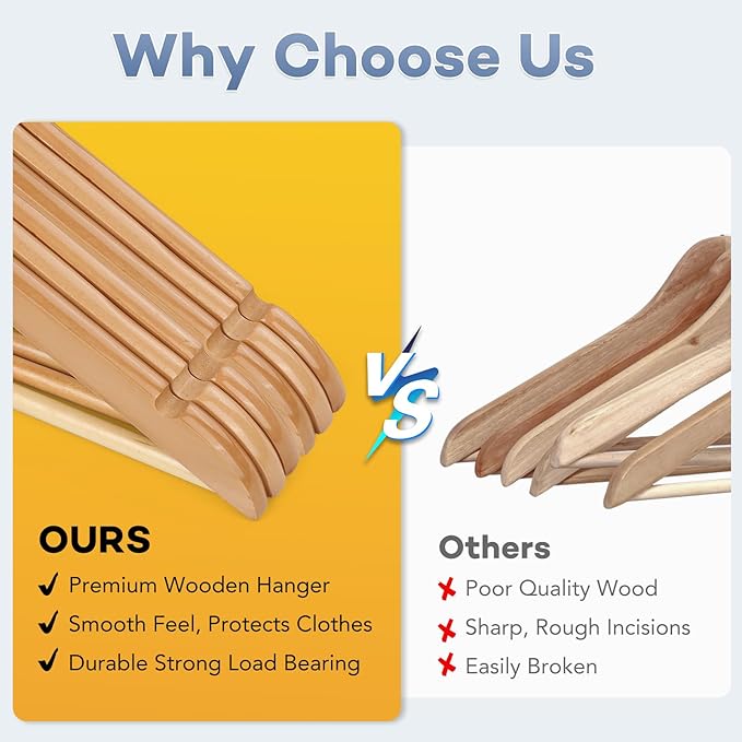 Wooden Hangers 8 Pack, Heavy Duty Wood Hangers for Coats, Suits, Jackets, Closet & Pants Durable Premium Wood Hanger with 360-Degree Rotatable Hook and Notches, Natural