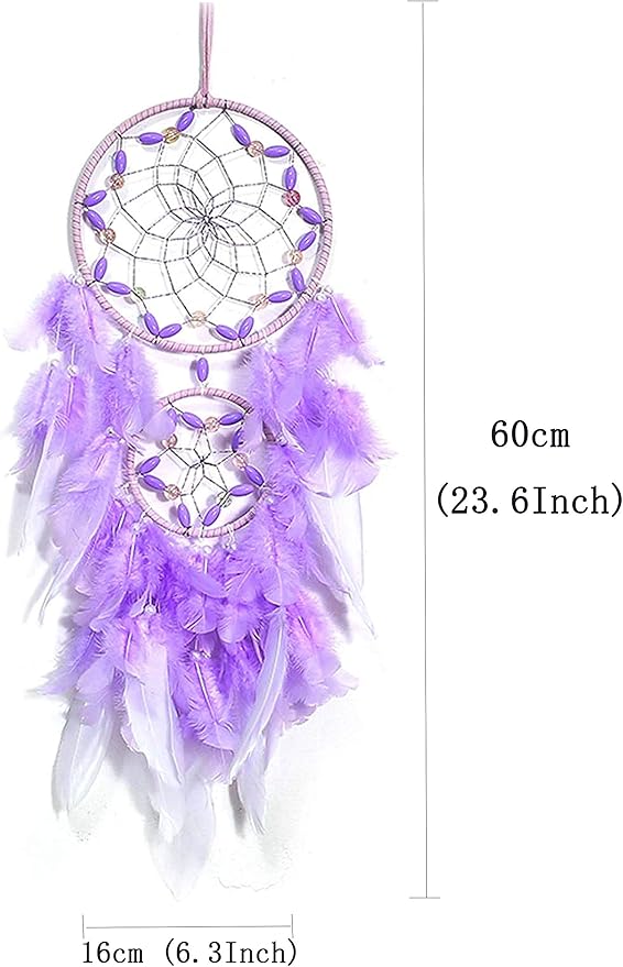 Purple Dream Catcher, Large Dreamcatcher, Handmade Feather Mobile Wall Decor Hanging for Girl Women Bedroom Dorm Room Decorations Home Ornament Birthday Festival Craft Gift (Dual Ring)