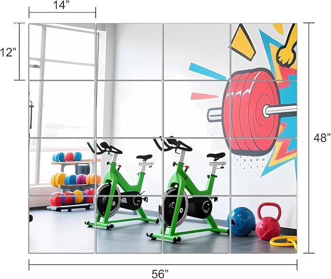 Ruomeng Home Gym Mirrors 14" x 12" x 16Pcs Wall Mounted Mirror Glass Frameless Full Length Mirror Tiles for Home Gym, Bedroom, Door & Bathroom