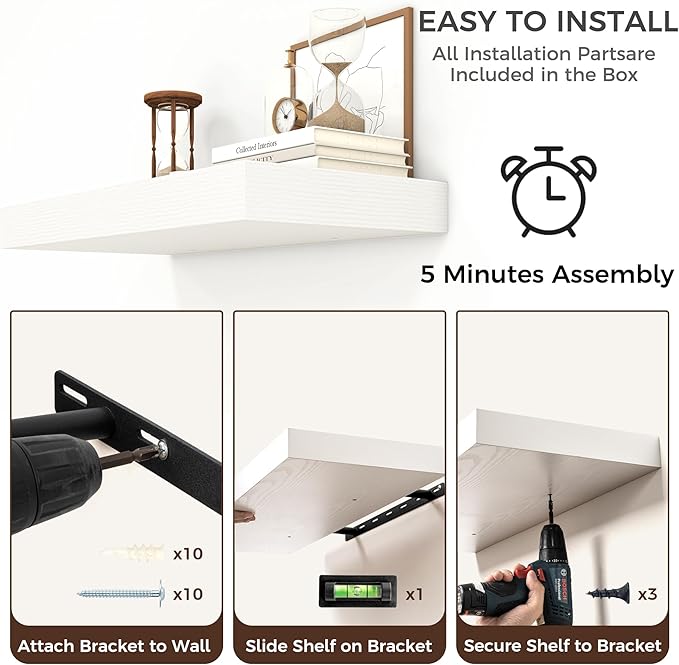Venusmiles Floating Shelves for Wall, 36" W x 12" D x 2" H, 2 Pack of Long Wall Mounted Engineered Wood Shelves with Invisible Brackets for Living Room, Bedroom, Bathroom, Kitchen Decor, White