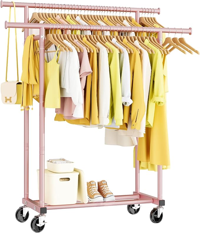 Double Rods Clothes Rack, Sturdy Rolling Clothing Rack, Portable Clothing Racks for Hanging Clothes - Metal Garment Rack Wardrobe Coat Rack for Bedroom Laundry Living Room, Pink