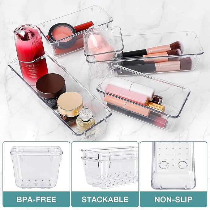 10 PCS Drawer Organizer Set,4 Varied Size Bathroom and kitchen Drawer cabinet organizer Trays, Clear Storage Bins for Makeup, Jewelry, Utensils and Gadgets