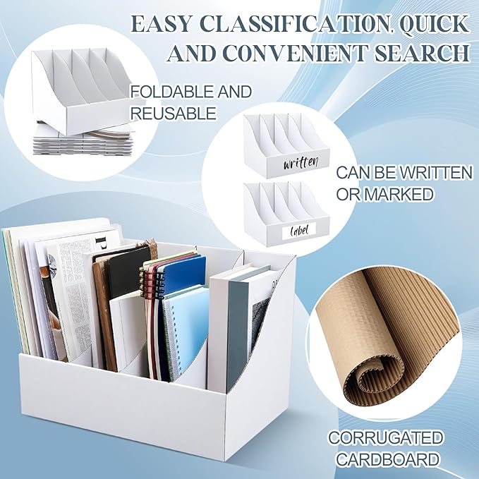 3 Pack Cardboard Magazine File Holders 12 Grids Vertical Book Bins 10.6'' x 10.2'' x 14'' Magazine Document Storage Box for Desk Shelves Home Office Classroom Library Use (White)