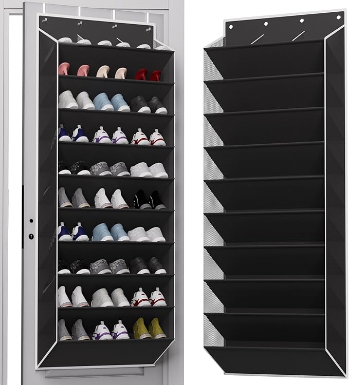 10-Tier Large Size Over The Door Shoe Organizer, Holds 30 Pairs Hanging Shoe Rack with Deep Pockets for Closet, Space-Saving Storage for Sneakers, Boots (Black)
