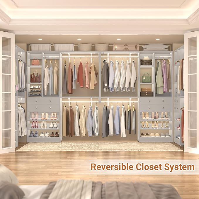 Closet System - 5FT Small Closet System with Drawers, 60" Closet Organizer System with Reversible Hanging Shelving, Closet Systems for Small/Walk-in Closets, Morandi Grey