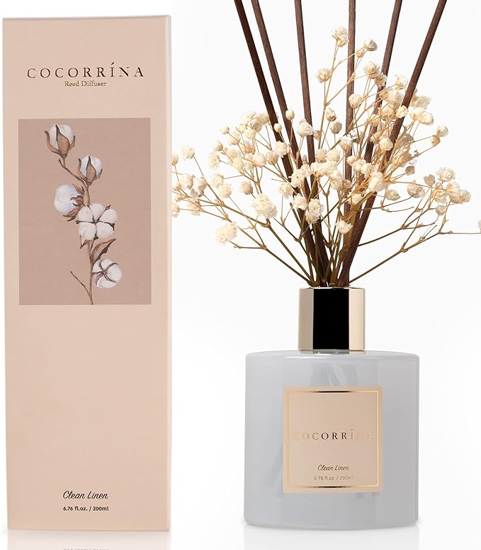 Cocorrína Reed Diffuser Set, Clean Linen 6.7 fl oz Scented Diffuser with Sticks Home Fragrance Reed Diffuser for Bathroom Shelf Decor
