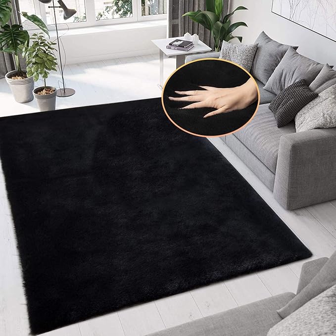 Black Fluffy Rug 5x8 Area Rugs for Bedroom Fuzzy Bunny Washable Fur Rugs for Living Room Teen Room Nursery Rectangle Rug