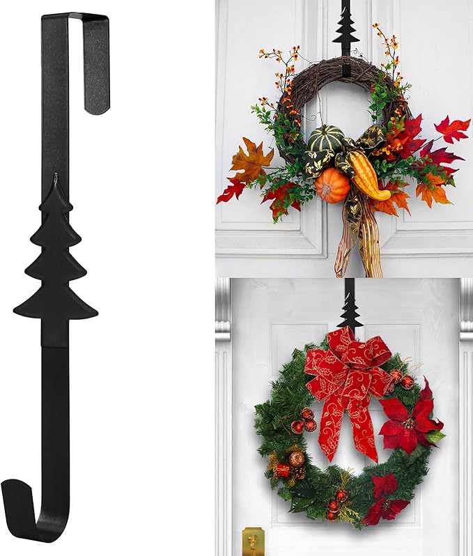 Wreath Hangers for Front Door,15" Sturdy Metal Wreath Doors Hangers,Over The Door Hooks for Front Porch Decor,Garland Hooks Holders for Halloween Christmas Decorations (Black Christmas Tree, 1 Pack)