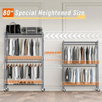 Homdox Rolling Clothes Rack Heavy Duty, 3-Tier Adjustable Wire Shelving Garment Organizer with Double Rods & Hooks, Portable Clothes Rack with Wheels, 17.72" D x 47.24" W x 80.71" H, Grey