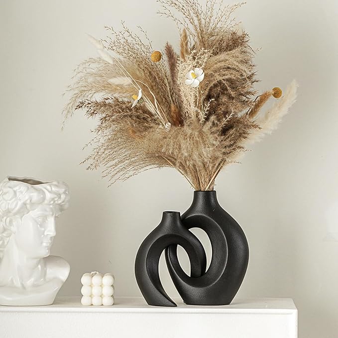Snuggle Hollow Modern Ceramic Vase Set of 2, Mid Century Nordic Aesthetic Decorative Vase Decorative Vases for Home Table Decor (Matte Black W 6.3" X H 8.4")